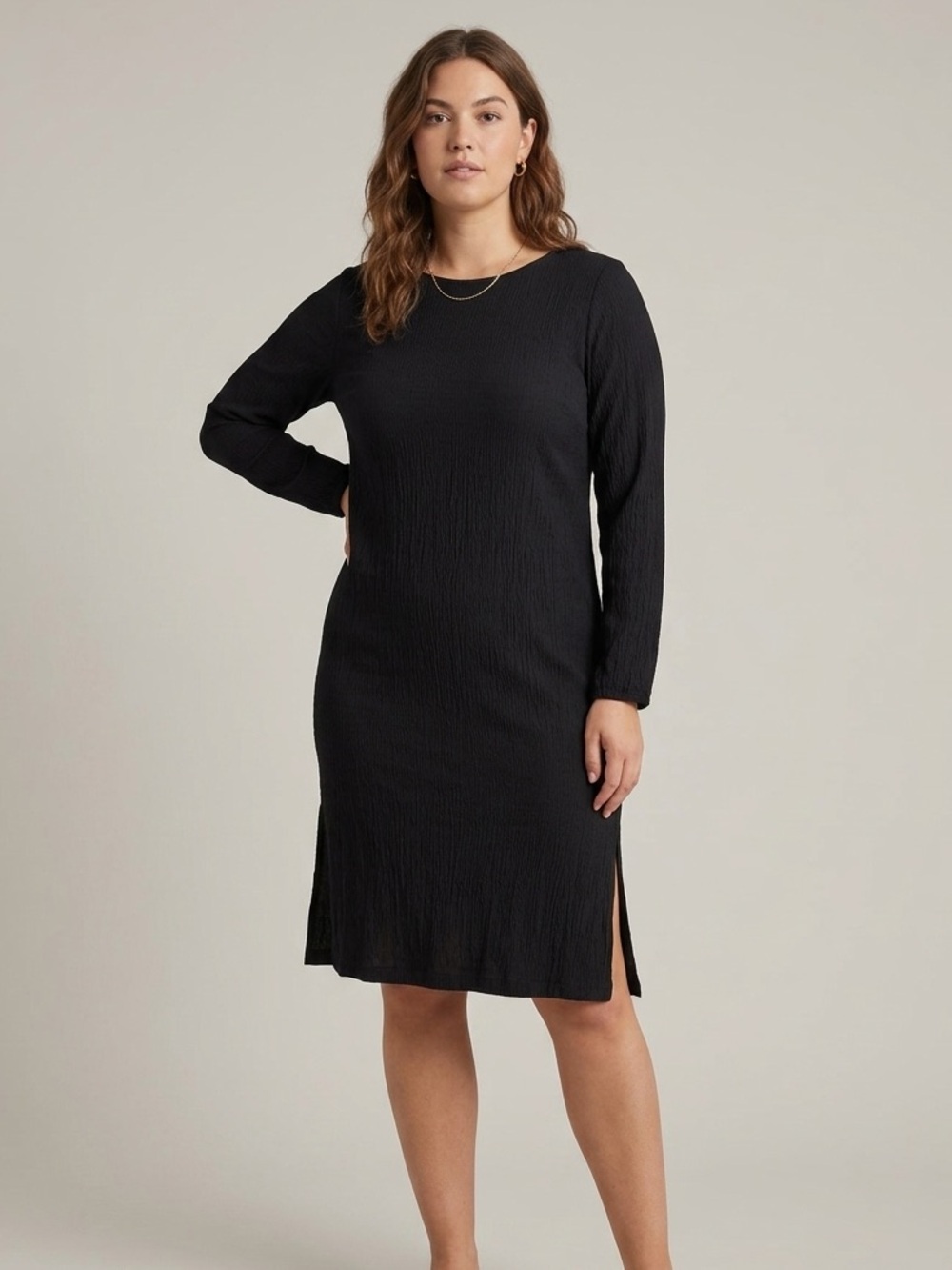 Reformation Sz M Black Textured Light Side Slits Long Sleeves Short Dress